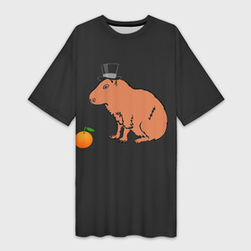 Платье-футболка 3D с принтом Капибара в цилиндре в Петрозаводске,  |  | Тематика изображения на принте: capybara | апельсин около капибары | капибара в шляпе | капибара мем | капибара с апельсином | морская свинка | покерфейс капибара | цилиндр