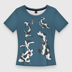 Женская футболка 3D Slim с принтом Рыбки Кои с двух сторон в Петрозаводске,  |  | carp | koi | sakura | инь и янь | карпы | кои | рыба | сакура | японский стиль
