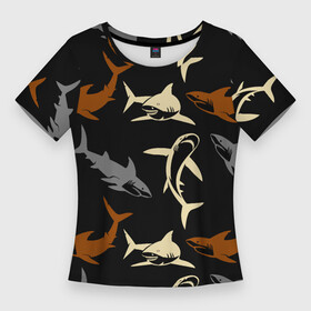 Женская футболка 3D Slim с принтом Стая акул  паттерн  ночной океан в Петрозаводске,  |  | fin | jaw | night | ocean | pack | pattern | shark | tail | teeth | акула | зубы | ночь | океан | пасть | паттерн | плавник | стая | хвост