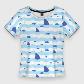 Женская футболка 3D Slim с принтом Волны, рыбки и плавники акул  паттерн в Петрозаводске,  |  | fin | fish | pattern | shark | wave | акула | волна | паттерн | плавник | рыба