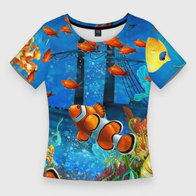 Женская футболка 3D Slim с принтом Затонувший корабль в окружении обитателей океана в Петрозаводске,  |  | coral | fish | ocean | seaweed | ship | водоросли | корабль | кораллы | океан | рыбы