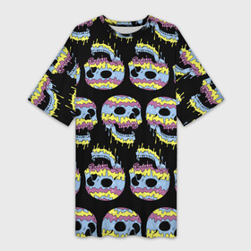 Платье-футболка 3D с принтом Прикольные красочные черепа  паттерн в Петрозаводске,  |  | color | jaw | neon | pattern | skull | teeth | зубы | неон | пасть | паттерн | цвет | череп