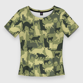 Женская футболка 3D Slim с принтом Кошачий камуфляж в зеленой гамме в Петрозаводске,  |  | camouflage | камуфляж | коты | маскировка | паттерн