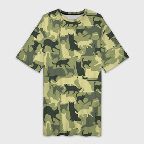 Платье-футболка 3D с принтом Кошачий камуфляж в зеленой гамме в Петрозаводске,  |  | camouflage | камуфляж | коты | маскировка | паттерн