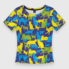 Женская футболка 3D Slim с принтом Синий кошачий камуфляж в Петрозаводске,  |  | животное | камуфляж | коты | кошки | паттерн