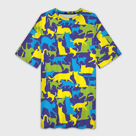 Платье-футболка 3D с принтом Синий кошачий камуфляж в Петрозаводске,  |  | животное | камуфляж | коты | кошки | паттерн