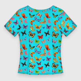 Женская футболка 3D Slim с принтом Colorful butterflies в Петрозаводске,  |  | beautiful | blue | butterfly | green | insect | nature | pattern | pink | purple | rainbow | summer | wings | yellow | бабочки | желтый | зеленый | красивый | красочные | крылья | летний | насекомое | природа | радуга | розовый | синий | узор