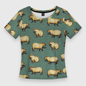 Женская футболка 3D Slim с принтом Капибары на траве в Петрозаводске,  |  | capybara | водосвинка | животные | капибара