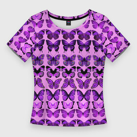 Женская футболка 3D Slim с принтом Purple butterflies в Петрозаводске,  |  | background | beautiful | colorful | insect | pattern | wings | бабочки | красивый | красочные | крылья | насекомое | узор | фиолетовый | фон