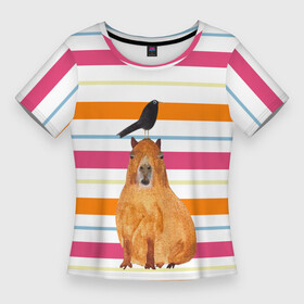 Женская футболка 3D Slim с принтом Капибара с птичкой в Петрозаводске,  |  | capybara | водосвинка | животное | капибара | птица