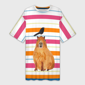 Платье-футболка 3D с принтом Капибара с птичкой в Петрозаводске,  |  | capybara | водосвинка | животное | капибара | птица