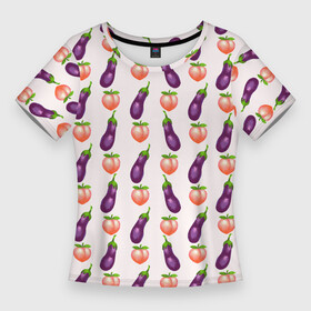 Женская футболка 3D Slim с принтом Баклажаны и персики паттерн в Петрозаводске,  |  | Тематика изображения на принте: баклажан | баклажаны | веганство | еда | овощи | паттерн | персик | персики | фрукты