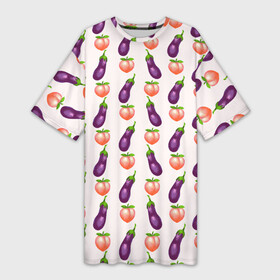 Платье-футболка 3D с принтом Баклажаны и персики паттерн в Петрозаводске,  |  | баклажан | баклажаны | веганство | еда | овощи | паттерн | персик | персики | фрукты
