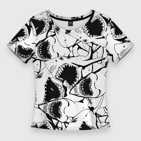 Женская футболка 3D Slim с принтом Пасти акул  паттерн в Петрозаводске,  |  | fin | jaw | pattern | shark | teeth | акула | зубы | пасть | паттерн | плавник