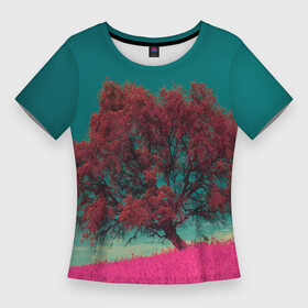 Женская футболка 3D Slim с принтом Абстрактные розовая трава и красное дерево в Петрозаводске,  |  | abstraction | art | artwork | colorful | colors | field | graphics | patterns | sky | surrealism | sweethuman | sweethumen | tree | абстракция | арт | графика | дерево | искусство | небо | поле | разноцветный | сюрреализм | узоры | цвета