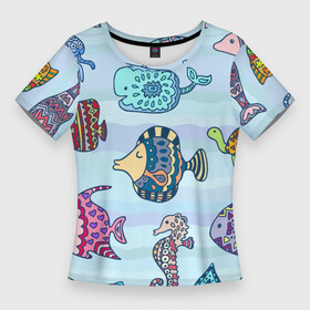 Женская футболка 3D Slim с принтом Кит, черепаха, акула и другие обитатели океана в Петрозаводске,  |  | fish | jellyfish | seahorse | shark | shell | turtle | whale | акула | кит | медуза | морской конёк | ракушка | рыба | черепаха