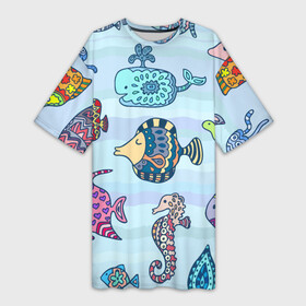 Платье-футболка 3D с принтом Кит, черепаха, акула и другие обитатели океана в Петрозаводске,  |  | fish | jellyfish | seahorse | shark | shell | turtle | whale | акула | кит | медуза | морской конёк | ракушка | рыба | черепаха