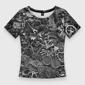Женская футболка 3D Slim с принтом Металлические шильдики и брелоки  стимпанк в Петрозаводске,  |  | composition | metal | nameplate | steampunk | trinket | брелок | композиция | металл | стимпанк | шильдик