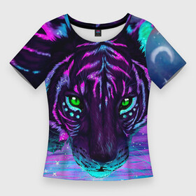 Женская футболка 3D Slim с принтом Светящийся неоновый тигр в Петрозаводске,  |  | 3d | 3д | animal | neon | tiger | неон | неоновый тигр | тигр | тигрица