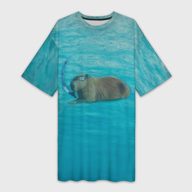 Платье-футболка 3D с принтом Подводный капибару в Петрозаводске,  |  | capybara | водосвинка | грызун | грызуны | капибара | капибары | под водой | подводный капибару