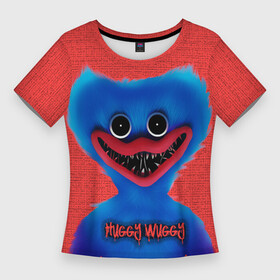 Женская футболка 3D Slim с принтом Хаги Ваги на красном фоне в Петрозаводске,  |  | huggy woggy | huggy wuggy | play time | playtime | poppy | poppy playtime | хагги вагги | хаги ваги