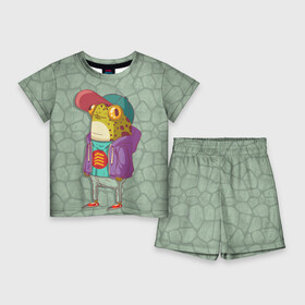 Детский костюм с шортами 3D с принтом Лягуха репер в Петрозаводске,  |  | Тематика изображения на принте: жаба | лягуха | лягушка | лягушонок | репер