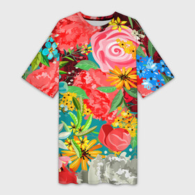 Платье-футболка 3D с принтом Multicolour of flowers в Петрозаводске,  |  | beautiful | bright | colorful | floral | green | multicolored | pattern | pink | yellow | букет | желтый | зеленый | красивый | красный | красочный | листья | многоцветный | радуга | разноцветный | розовый | синий | узор | фиолетовый