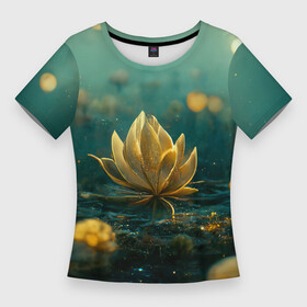 Женская футболка 3D Slim с принтом Золотой лотос в Петрозаводске,  |  | dark | evening | flowers | golden | lake | lotus | mysterious | nature | night | petals | twinkles | water | вечер | вода | загадочный | золото | лепестки | лотос | ночь | огоньки | озеро | природа | темный | цветы