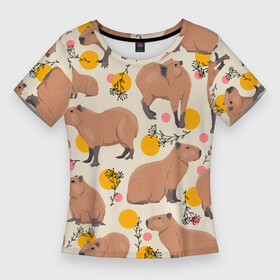Женская футболка 3D Slim с принтом Милая капибару паттерн в Петрозаводске,  |  | capybara | patern | pattern | водосвинка | грызун | грызуны | капибара | капибары | патерн | паттерн