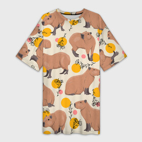 Платье-футболка 3D с принтом Милая капибару паттерн в Петрозаводске,  |  | capybara | patern | pattern | водосвинка | грызун | грызуны | капибара | капибары | патерн | паттерн