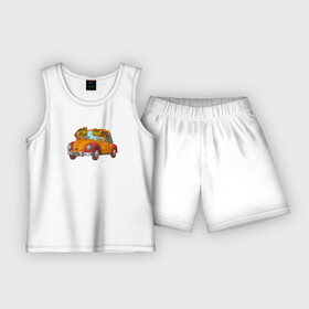 Детская пижама с шортами хлопок с принтом Лягухи на ретро автомобиле в Петрозаводске,  |  | frog | автомобиль | жаба | лягуха | лягушка | ретро