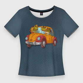 Женская футболка 3D Slim с принтом Веселые лягухи на авто в Петрозаводске,  |  | авто | жаба | лягухи | лягушки | ретро