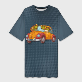 Платье-футболка 3D с принтом Веселые лягухи на авто в Петрозаводске,  |  | авто | жаба | лягухи | лягушки | ретро