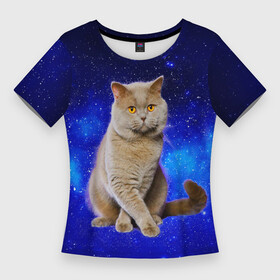 Женская футболка 3D Slim с принтом Британский кот на фоне звёздного неба в Петрозаводске,  |  | british | cat | cats | kitty | британская | британские | британский | кот | котёнок | котик | котята | кошечка | кошка