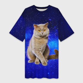 Платье-футболка 3D с принтом Британский кот на фоне звёздного неба в Петрозаводске,  |  | british | cat | cats | kitty | британская | британские | британский | кот | котёнок | котик | котята | кошечка | кошка