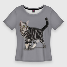 Женская футболка 3D Slim с принтом Британская мраморная кошечка в Петрозаводске,  |  | british | cat | cats | kitty | британская | британская мраморная | британские | британский | кот | котёнок | котик | котята | кошечка | кошка | серый кот
