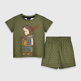 Детский костюм с шортами 3D с принтом Пацанчик с битой в Петрозаводске,  |  | бита | выдра | животное | звезды | пацанчик
