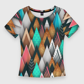 Женская футболка 3D Slim с принтом Лес из стилизованный елей  паттерн в Петрозаводске,  |  | fir | forest | geometry | pattern | triangle | геометрия | ель | лес | паттерн | треугольник
